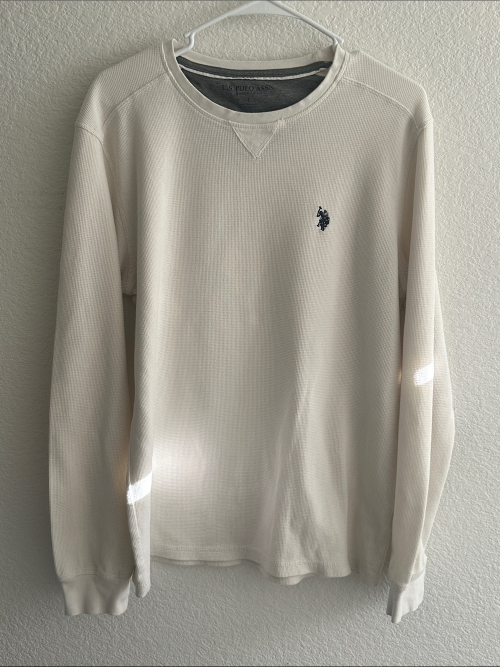 U.S. Polo Assn. Men’s Cream Crewneck with Navy Logo Size Large